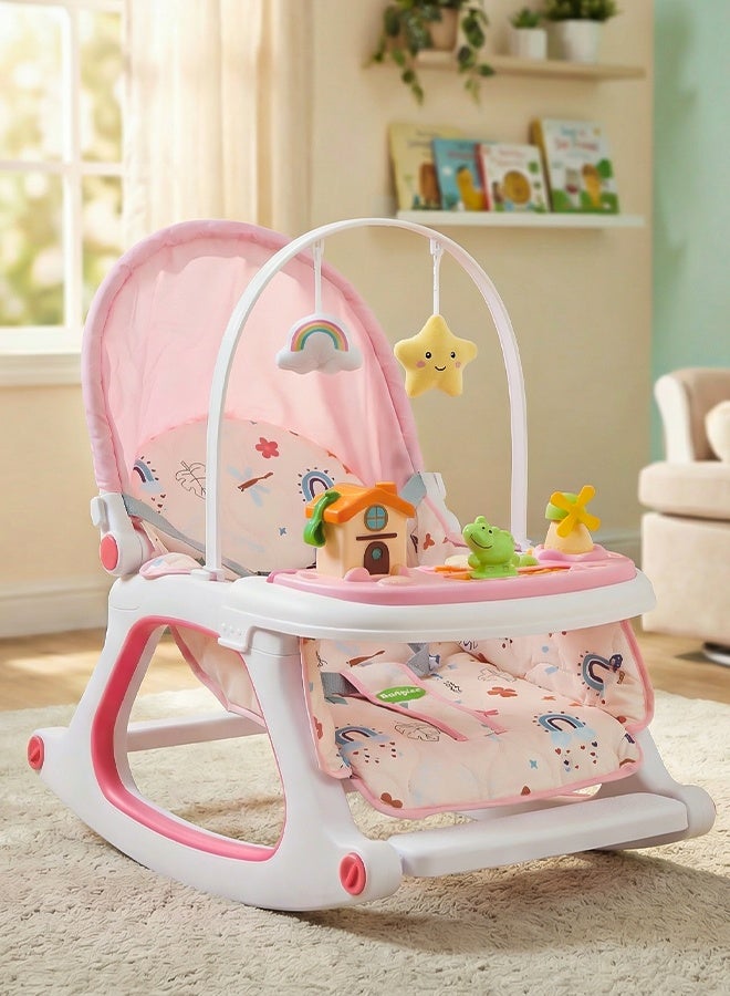 BAYBEE 3 in 1 Baby Rocker & Feeding Chair | Baby Rocking Chair for Kids with Soothing Rocking Motion, Adjustable Recline, Removable Food & Toy Tray, Safety Harness | Baby Rocker for Kids 0 to 3 Years Pink - Image 1